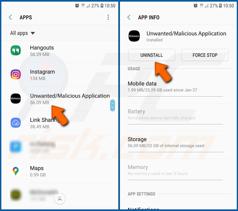 Ongewenste/kwaadaardige applicaties van het Android-besturingssysteem verwijderen (stap 2)