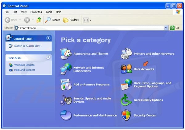 De gastaccount inschakelen op Windows XP stap 2 - toegang tot de gebruikersaccounts