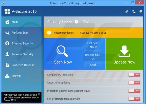 a-secure 2015 valse antivirus hoofdscherm