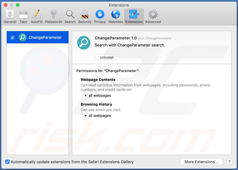 ChangeParameter adware installed onto Safari