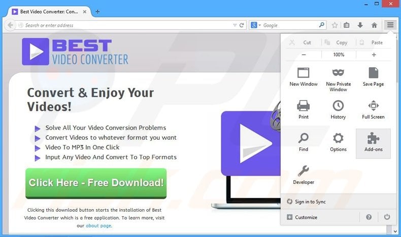 Verwijder de BestVideoConverter advertenties uit Mozilla Firefox stap 1