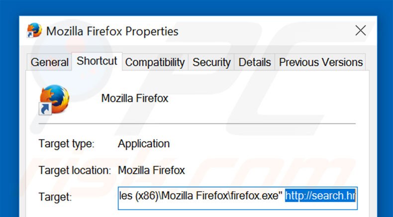 Verwijder search.hr als doel van de Mozilla Firefox snelkoppeling stap 2