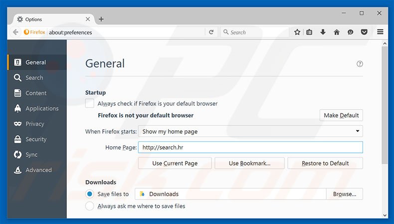 Verwijder search.hr als startpagina in Mozilla Firefox