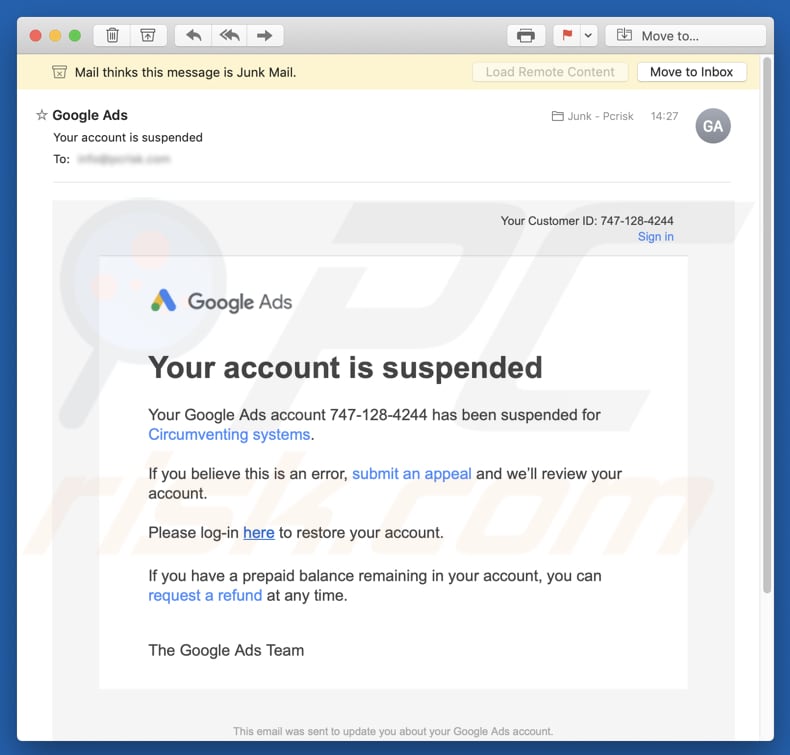 Google Ads - Your account is suspended spamcampagne