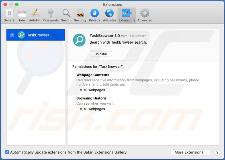 taskbrowser adware geinstalleerd op safari browser