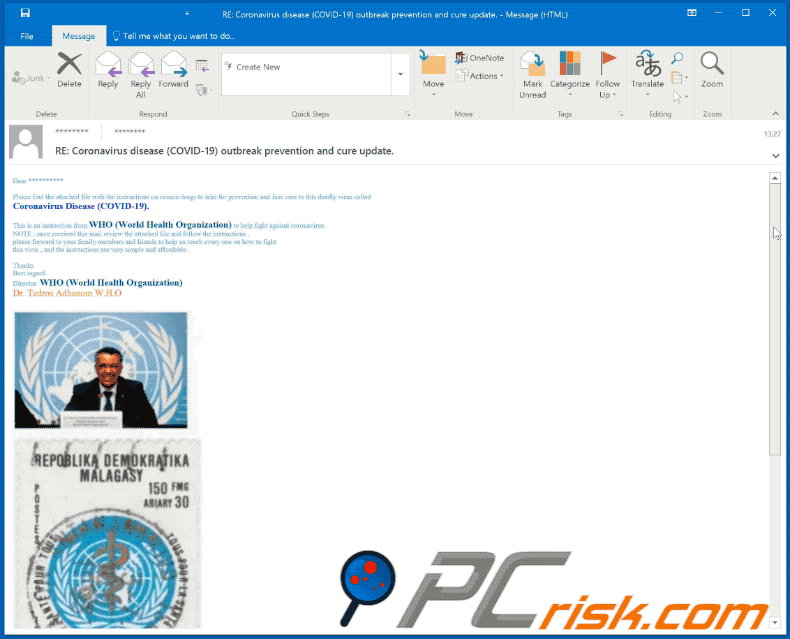 Derde variant World Health Organization (WHO) e-mail (verspreid Agent Tesla) GIF