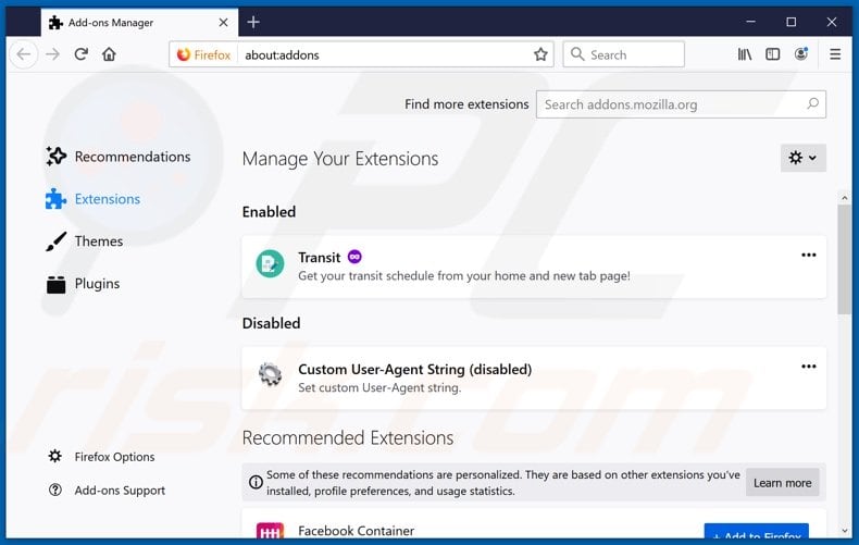 Schurken extensies verwijderen uit Mozilla Firefox stap 2