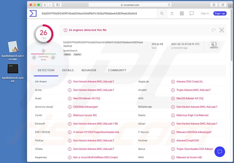 ApolloSearch adware gedetecteerd door VirusTotal