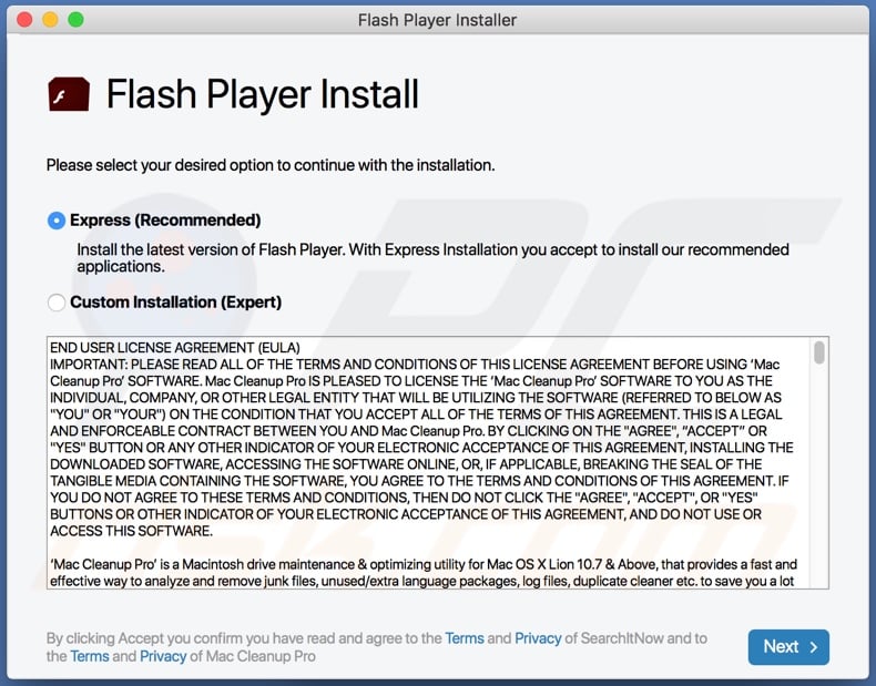 GlobalSearchSystem adware wordt verspreidt via een valse Flash Player updater/installer