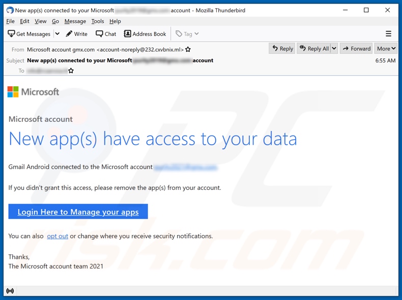 New app(s) have access to your Microsoft Account spam e-mailcampagne