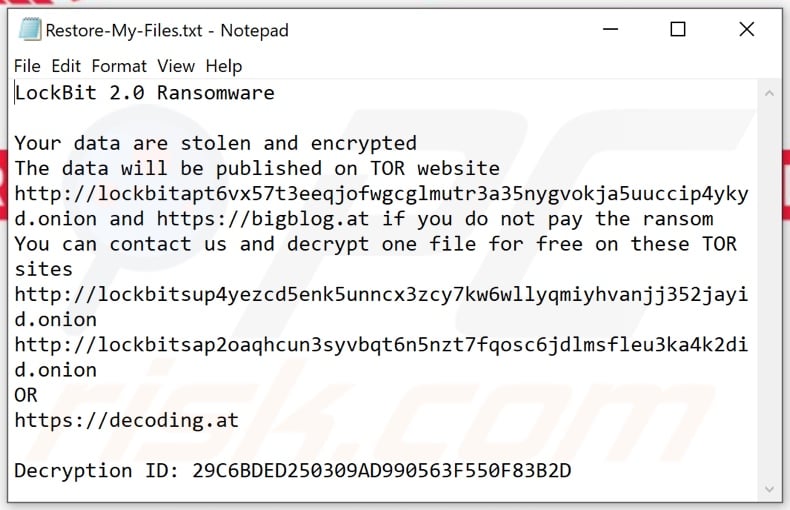 LockBit 2.0 ransomware tekstbestand (Restore-My-Files.txt)