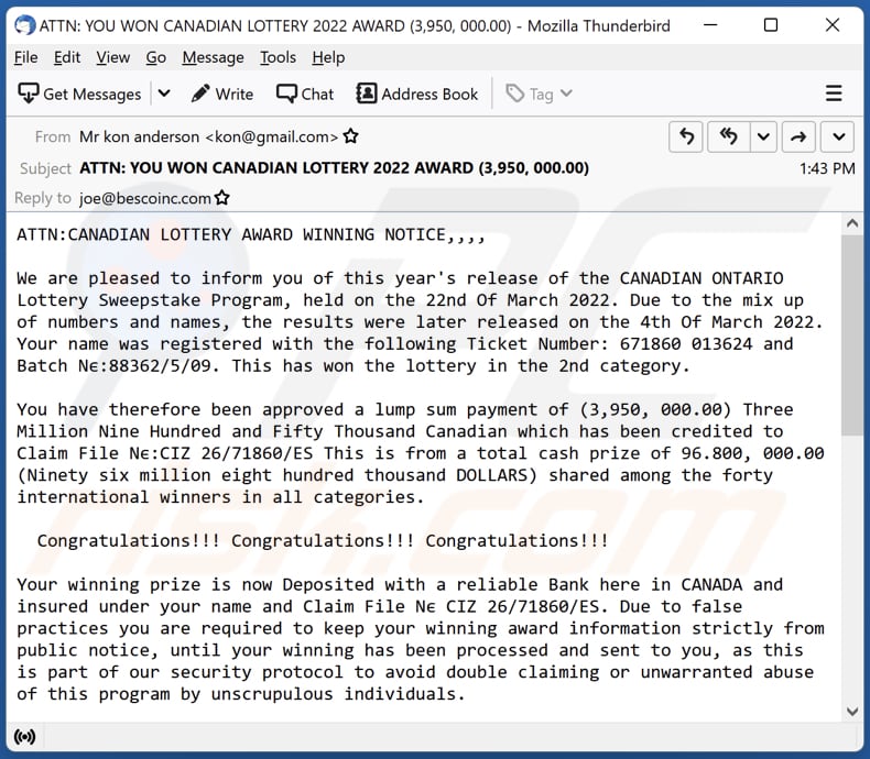 CANADIAN LOTTERY e-mailoplichting