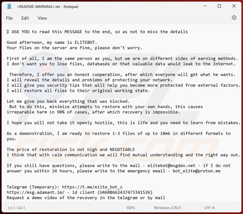 ELITEBOT ransomware tekstbestand (+README-WARNING+.txt)