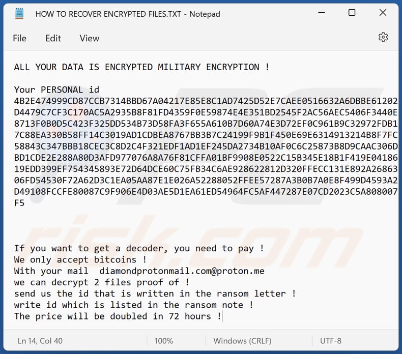 Diamond ransomware tekstbestand (HOW TO RECOVER ENCRYPTED FILES.TXT)