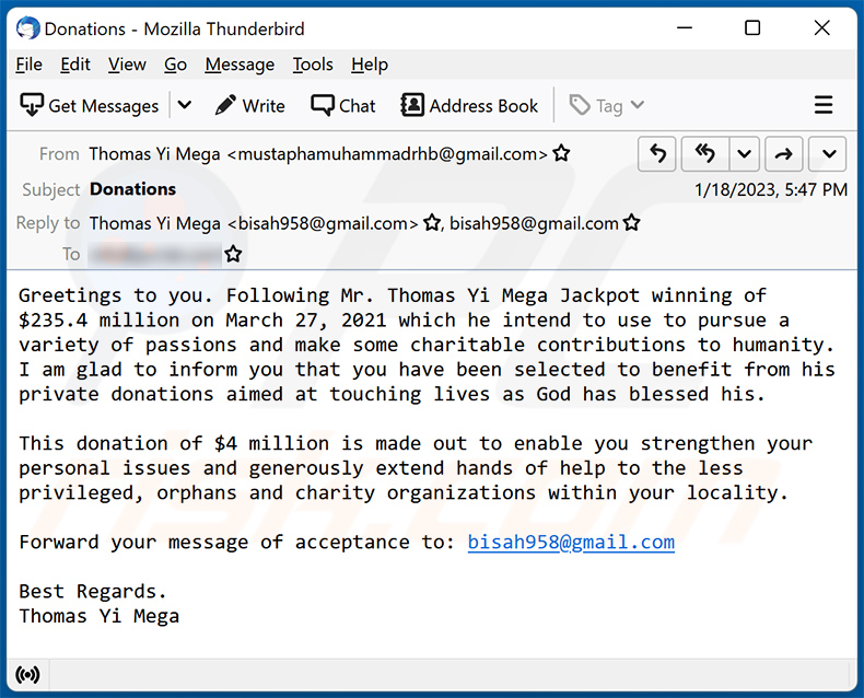 Spam-e-mail met donatiethema (2023-01-19)