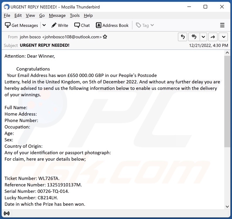 People's Postcode Lottery spam e-mailcampagne