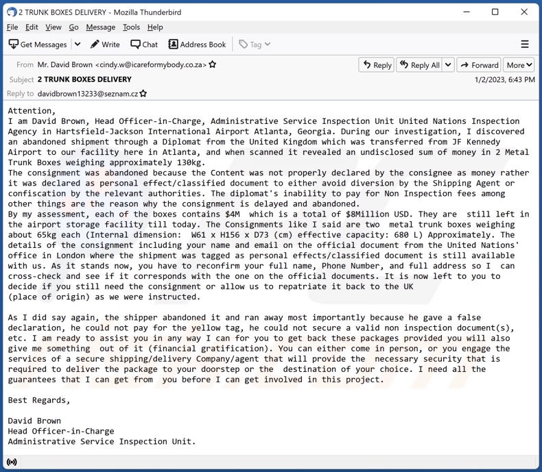 United Nations - Abandoned Shipment spam e-mailcampagne