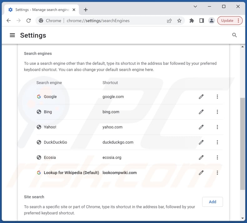 Lookcompwiki.com verwijderen uit de standaardzoekmachine van Google Chrome