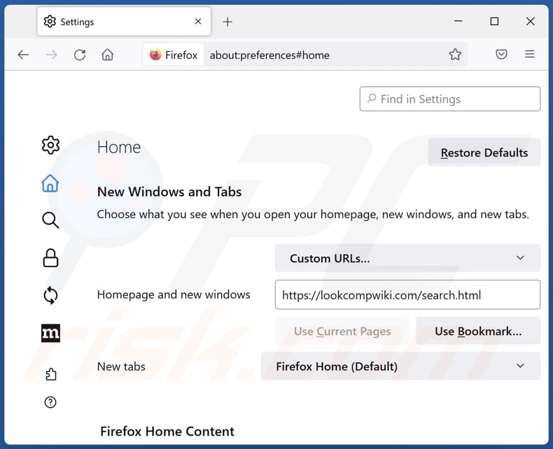 Lookcompwiki.com verwijderen van de startpagina van Mozilla Firefox