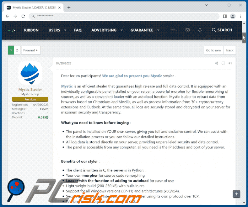 Mystic Stealer promoted on hacker forum