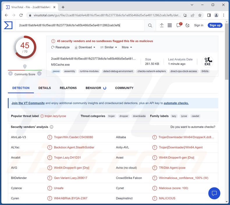 Stealth Soldier malware detecties aan VirusTotal