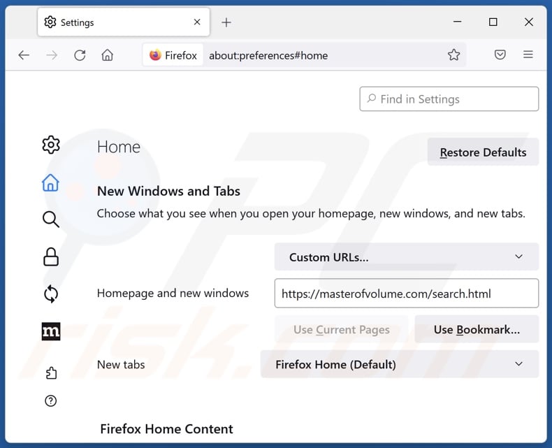 Masterofvolume.com verwijderen van de startpagina van Mozilla Firefox