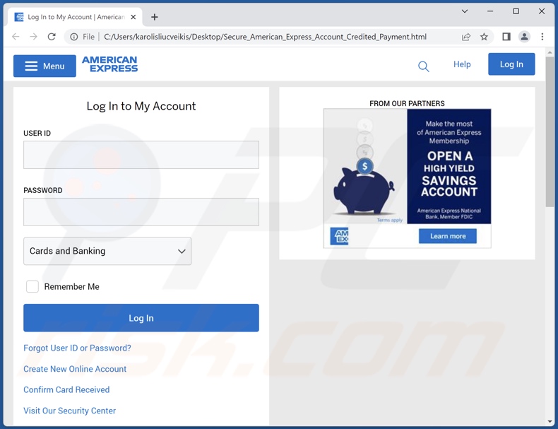 American Express Merchant Reward scam e-mail gepromote phishing-bijlage (Secure_American_Express_Account_Credited_Payment.html)