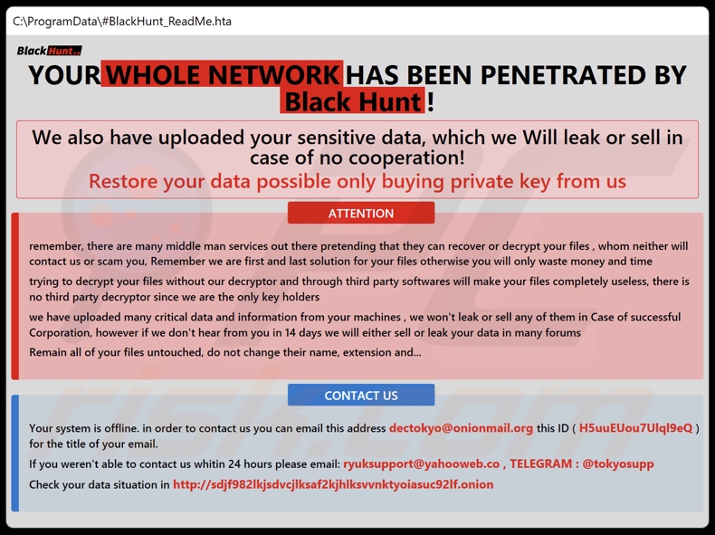 Black Hunt 2.0 ransomware losgeld brief (#BlackHunt_ReadMe.hta)