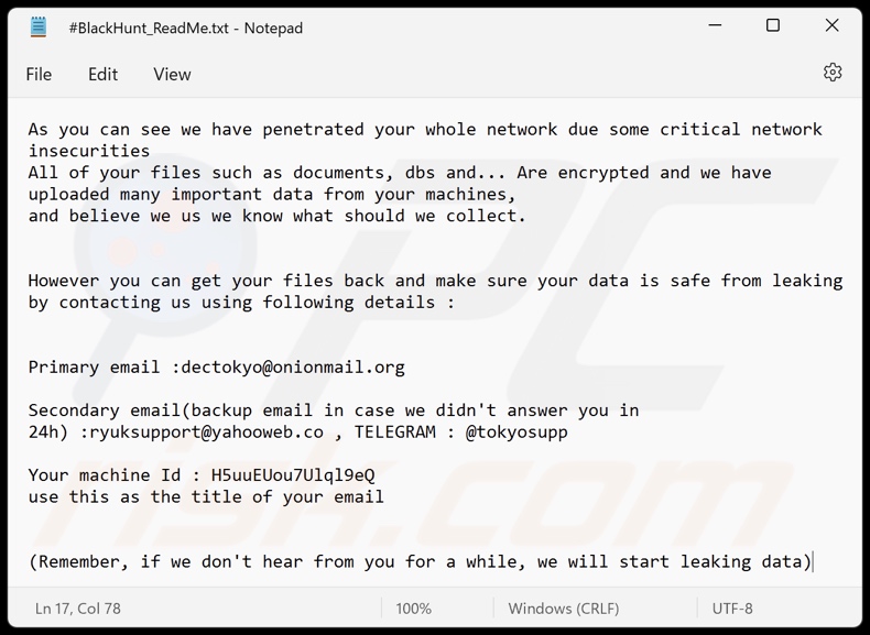 Black Hunt 2.0 ransomware tekstbestand (#BlackHunt_ReadMe.txt)