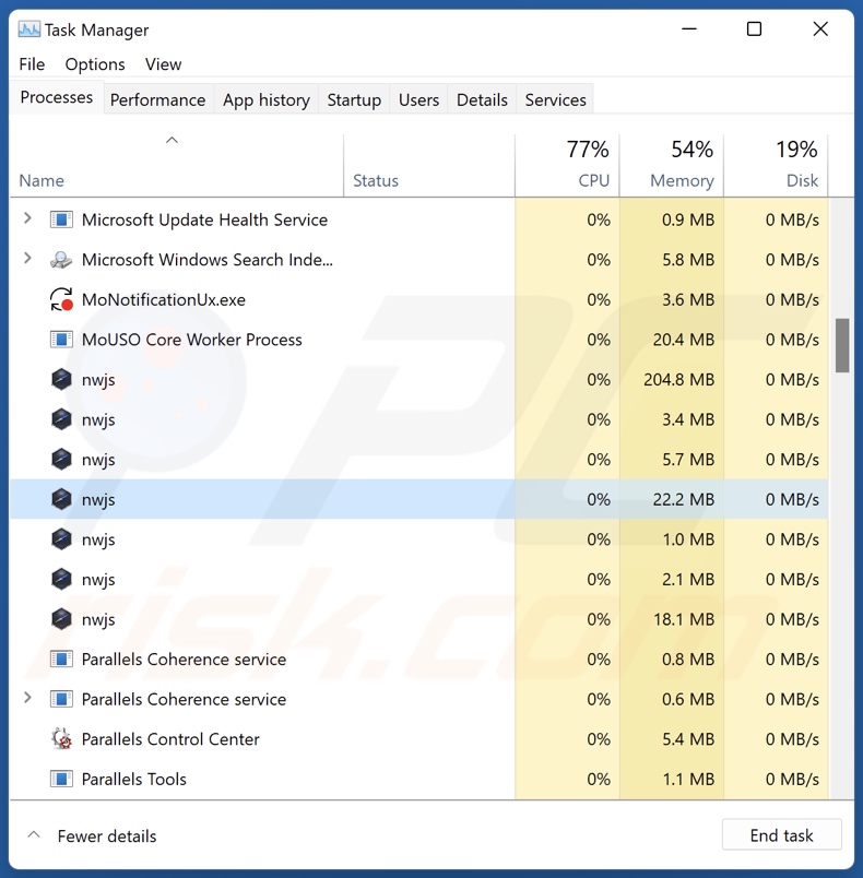 Subtitles adware proces in Taakbeheer (nwjs - procesnaam)