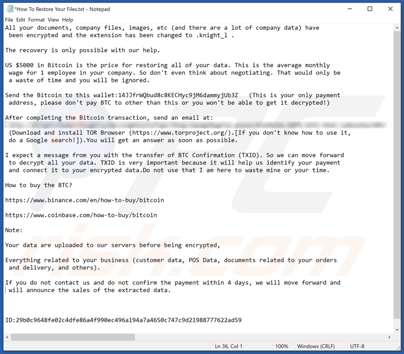 Knight ransomware tekstbestand (How To Restore Your Files.txt)