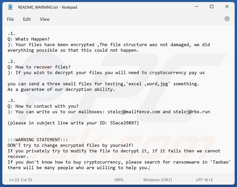 Steloj ransomware tekstbestand (README_WARNING.txt)