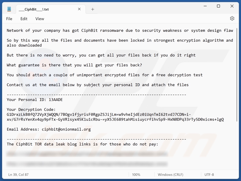 CiphBit ransomware tekstbestand (____CiphBit____!.txt)