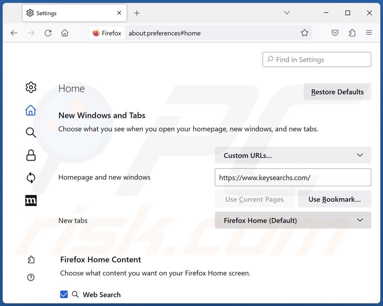 Verwijder keysearchs.com van de Mozilla Firefox-startpagina