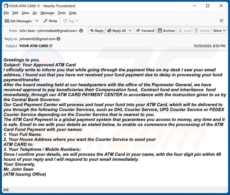 ATM Card Email Scam (2023-11-08)