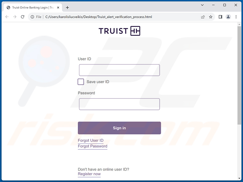 Phishing HTML-document verspreid met Truist Online Banking-profiel (voorbeeld 2)