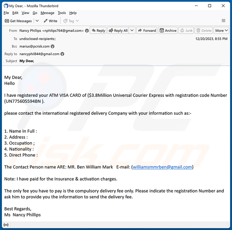 ATM Card email scam (2023-12-21)