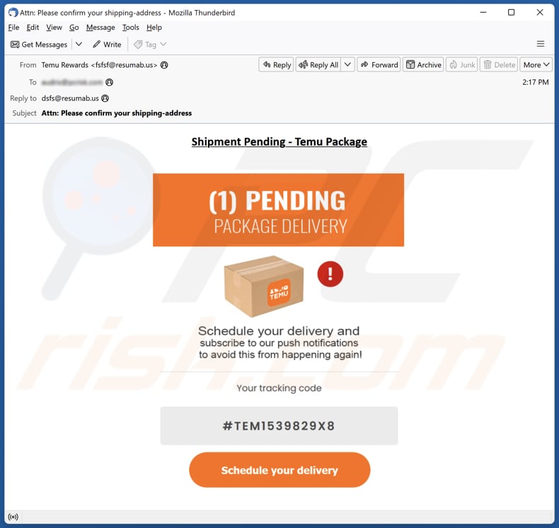 Temu - Pending Package Delivery email spam campagne