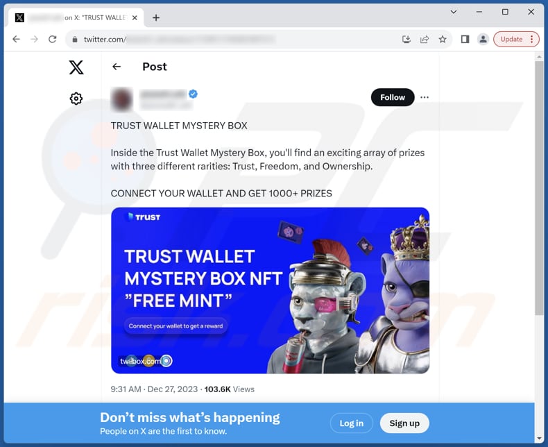 Trust Wallet Mystery Box zwendel Twitter (X) post die deze zwendel promoot