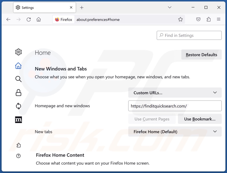 Finditquicksearch.com uit de startpagina van Mozilla Firefox verwijderen