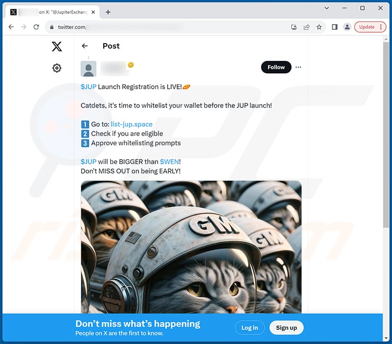 X (Twitter) post die deze zwendel promoot Jupiter Airdrop scam website - listed-jup[.]space