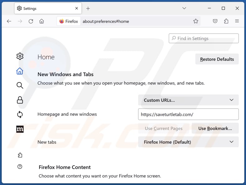 Saveturtletab.com verwijderen uit de startpagina van Mozilla Firefox