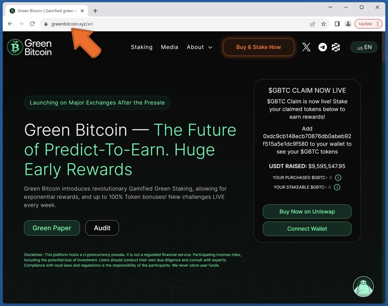 Uiterlijk van het echte Groene Bitcoin-platform (greenbitcoin.xyz)