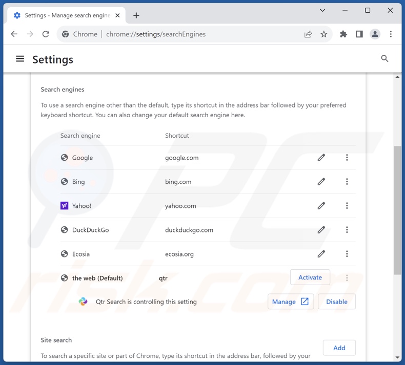 qtrserach.com uit de standaardzoekmachine van Google Chrome verwijderen