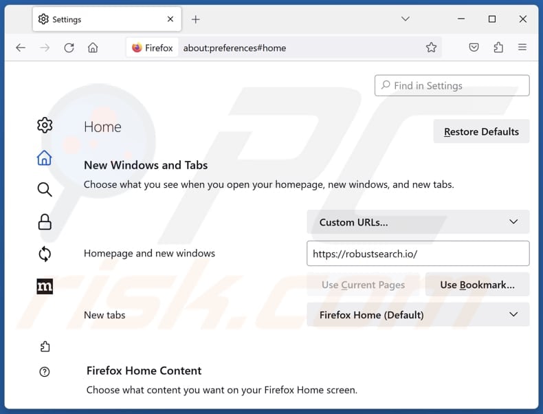 Robuustsearch.io verwijderen uit de startpagina van Mozilla Firefox