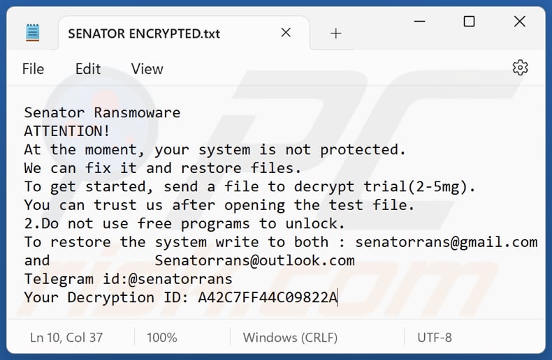 Senator ransomware tekstbestand (SENATOR ENCRYPTED.txt)