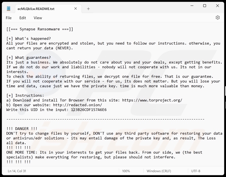 Synapse ransomware losgeldbrief ([random_string].README.txt)