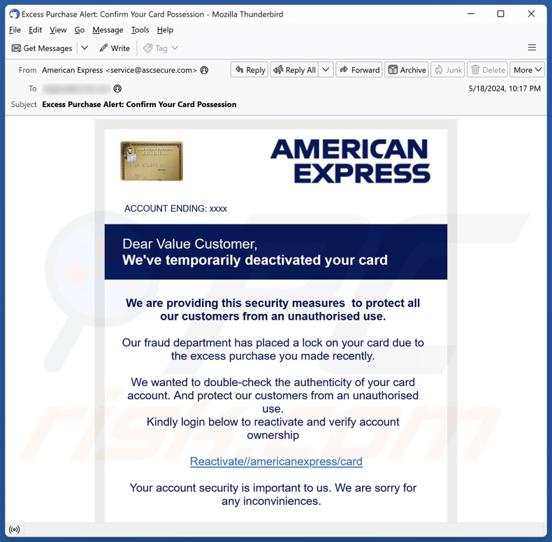 American Express Card Deactivation spam e-mailcampagne