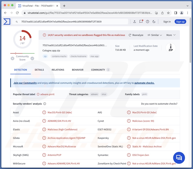 Cologne.app adware detecties op VirusTotal