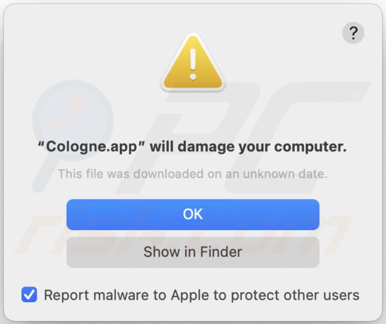 Pop-up weergegeven wanneer Cologne.app adware is gedetecteerd op het systeem